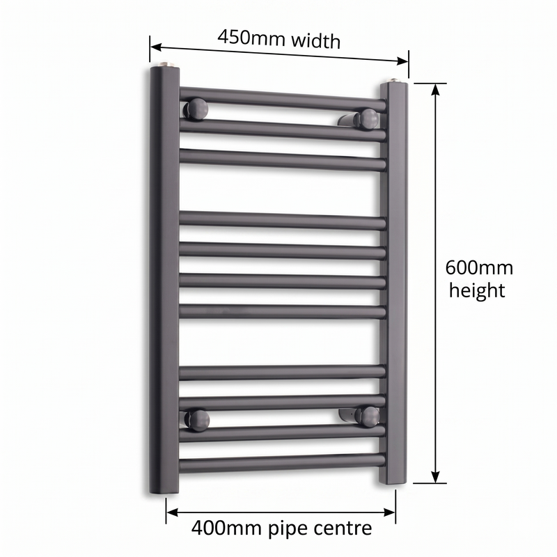 450x600mm Flat Black Towel Rail Dimensions — pipe centres 400mm