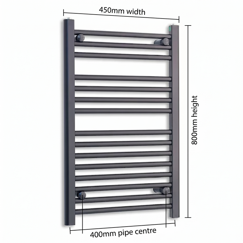 450x800mm Flat Black Towel Rail Dimensions — pipe centres 400mm