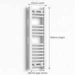 Dimension diagram: Flat White 250mm x 800mm ladder towel rail with pipe centre measurement