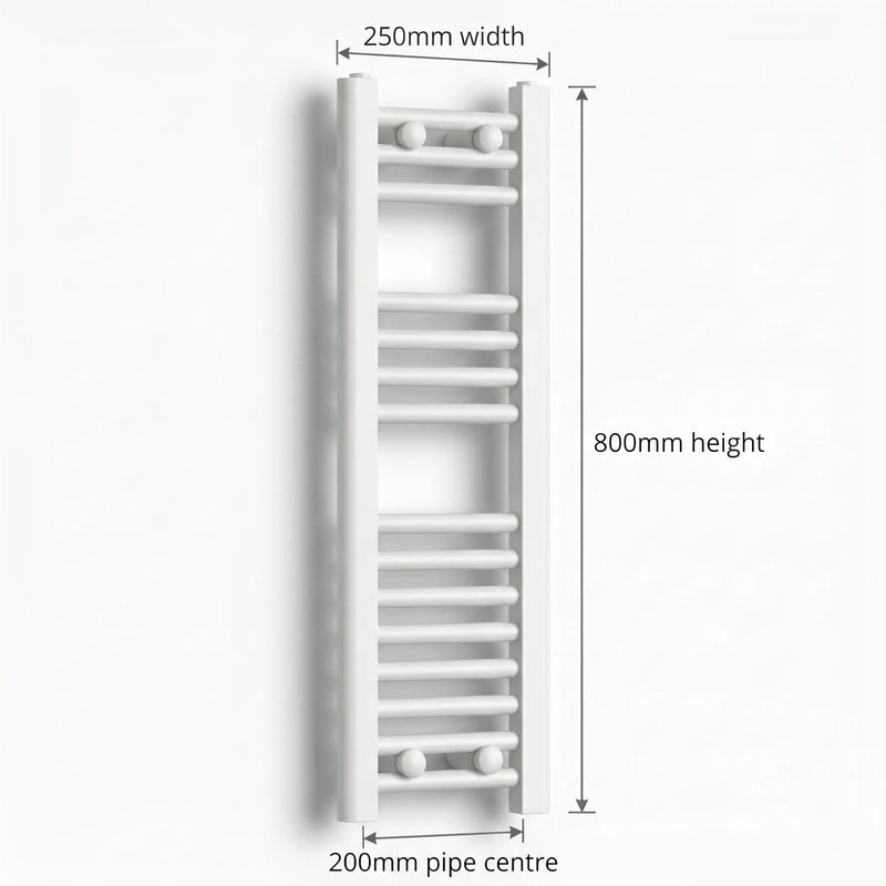 Dimension diagram: Flat White 250mm x 800mm ladder towel rail with pipe centre measurement