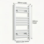 Dimension diagram: Flat White 300mm x 600mm ladder towel rail with pipe centre measurement