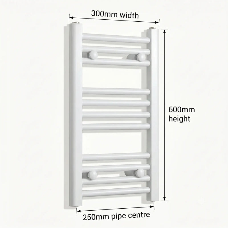 Dimension diagram: Flat White 300mm x 600mm ladder towel rail with pipe centre measurement