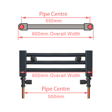 600mm Wide Towel Rail Pipe Centre / Axis 550mm diagram