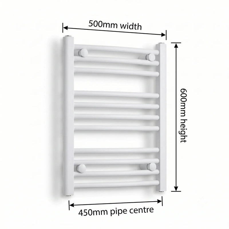 600 mm High x 500 mm Wide Heated Towel Rail Radiator Flat White - Elegant Radiators