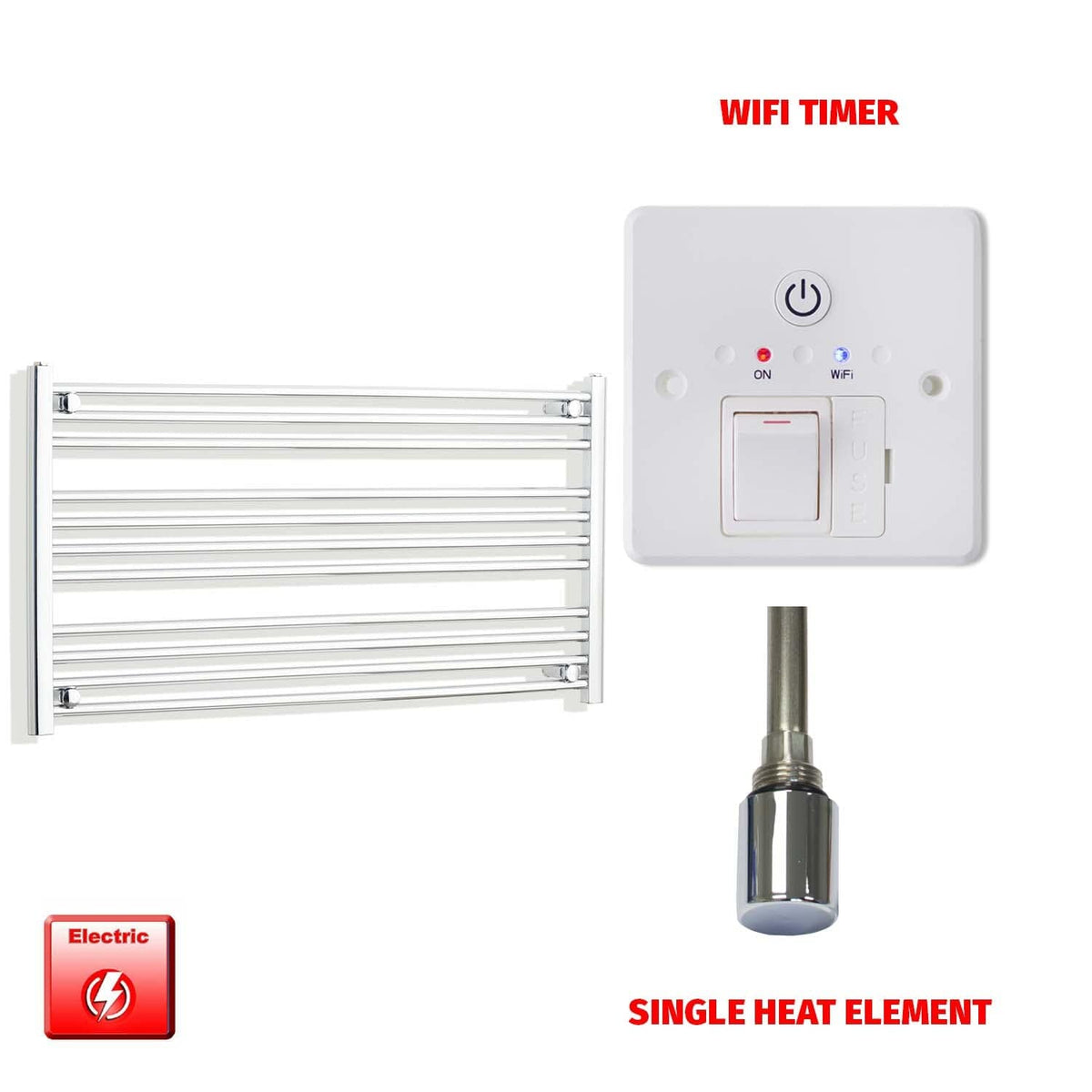 Single Heat / Wifi Timer 600 x 1000 Pre-Filled Electric Heated Towel Radiator Straight Chrome