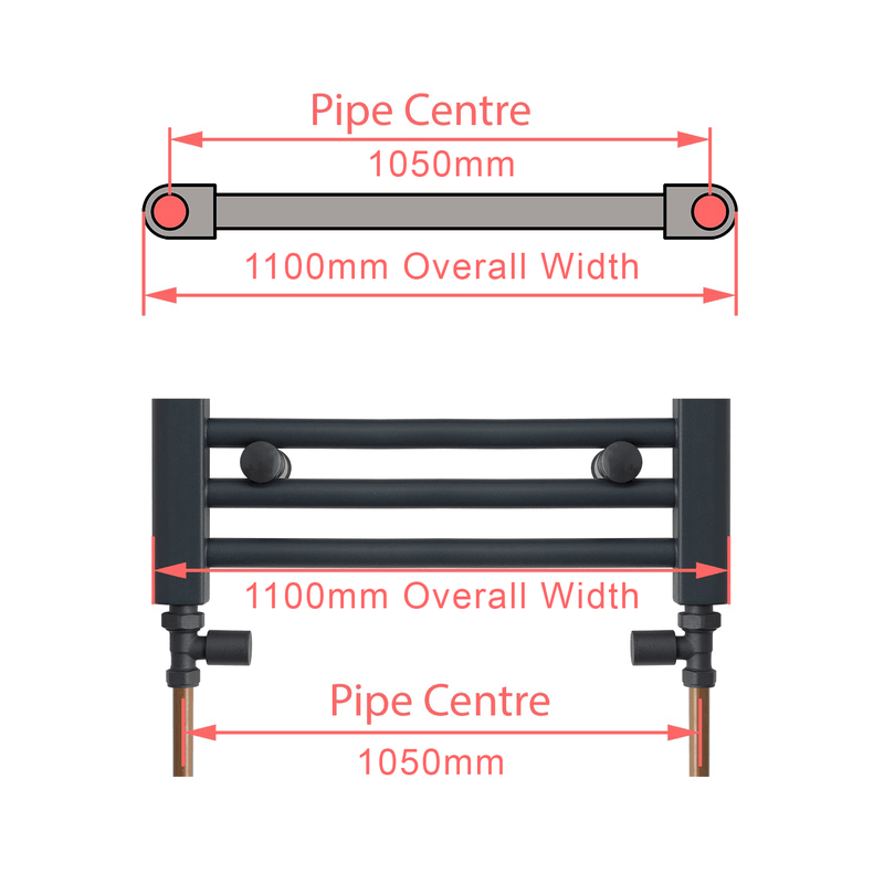 Diagram showing 1050mm pipe centre on 1100mm wide chrome towel rail