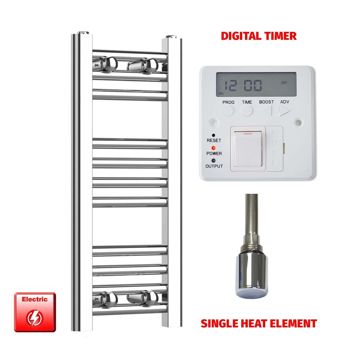 Single Heat / Digital Timer 600 x 200 Pre-Filled Electric Heated Towel Rail Straight Chrome