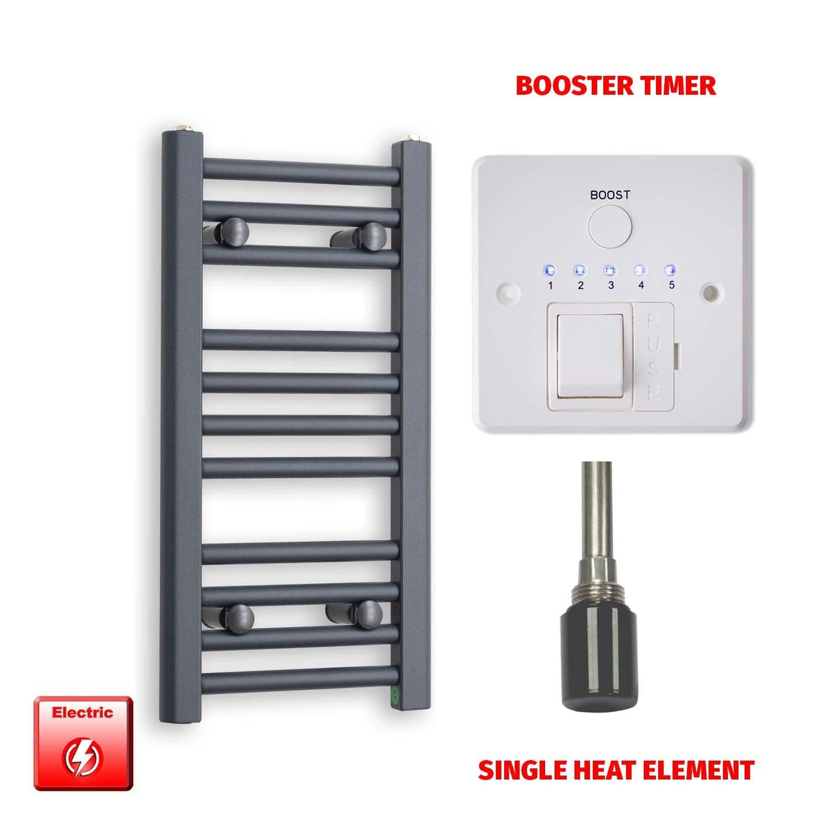 Single Heat / Booster Timer 600 x 300 Flat Anthracite Pre-Filled Electric Heated Towel Radiator HTR