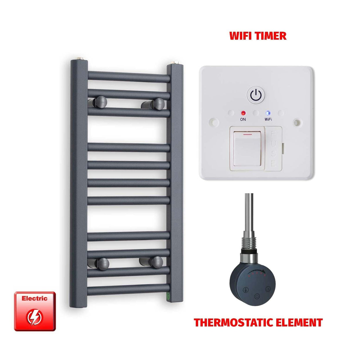 ER-Touch Thermostatic / Wifi Timer 600 x 300 Flat Anthracite Pre-Filled Electric Heated Towel Radiator HTR