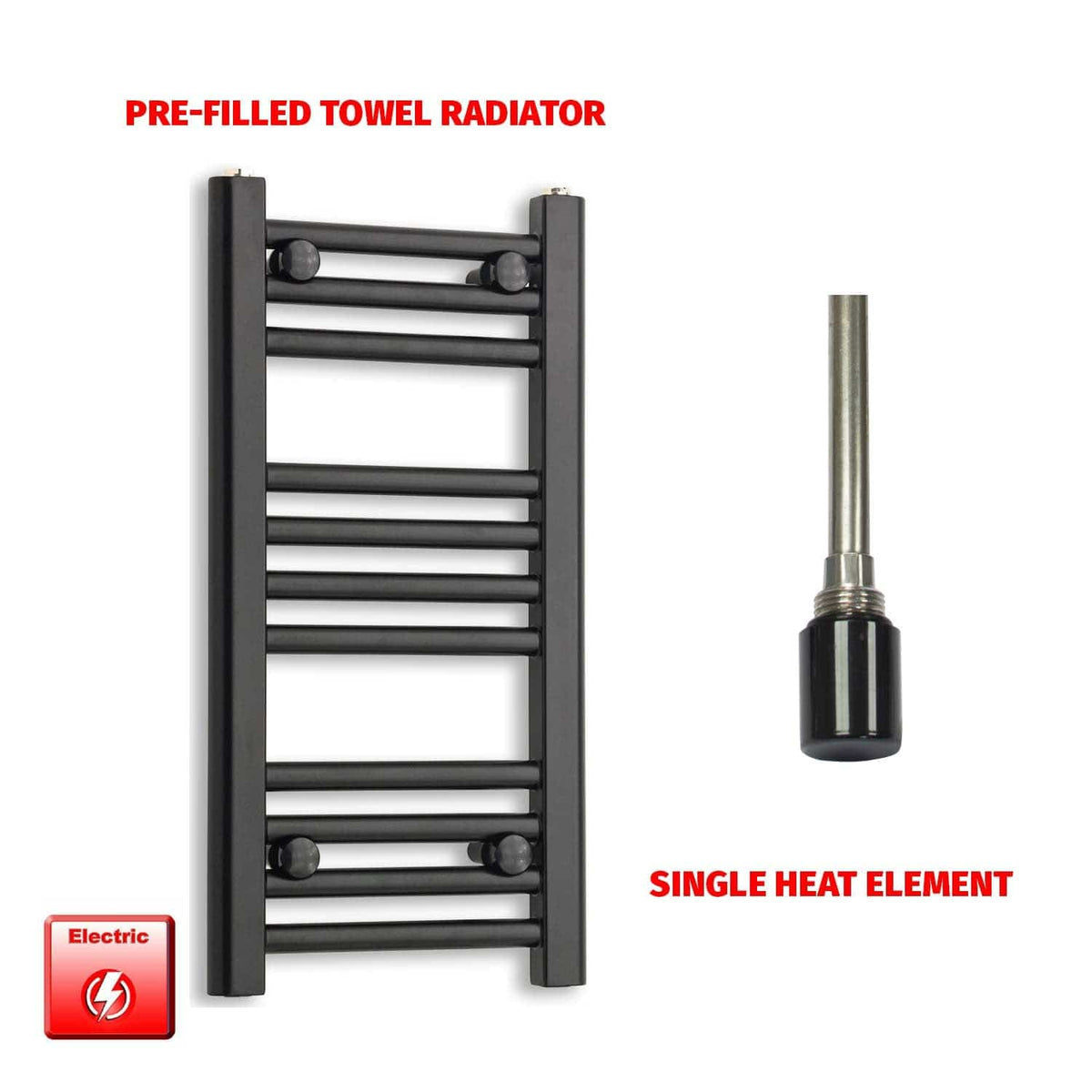 Single Heat / No Timer 600 x 300 Flat Black Pre-Filled Electric Heated Towel Rail HTR