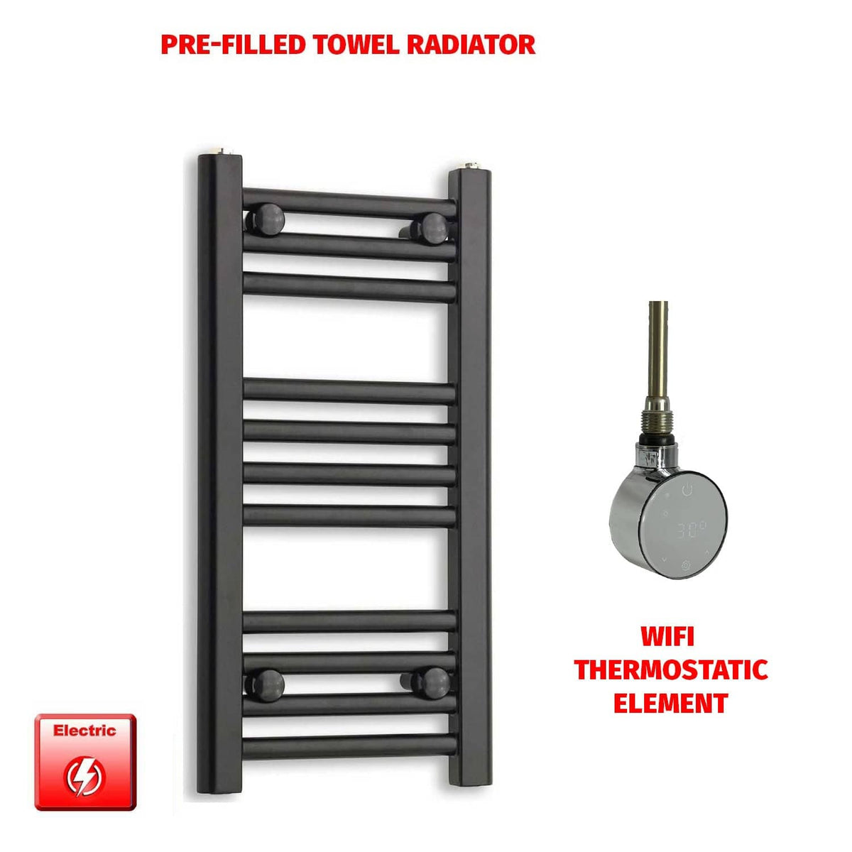 ER-Wifi Thermostatic / No Timer 600 x 300 Flat Black Pre-Filled Electric Heated Towel Rail HTR