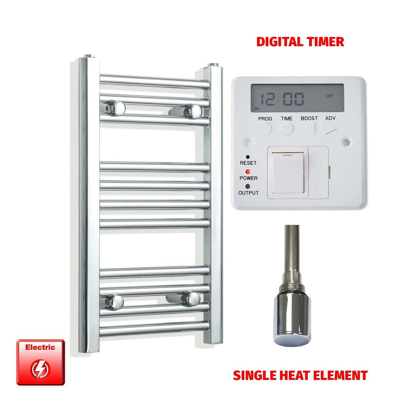 Single Heat / Digital Timer 600 x 300 Pre-Filled Electric Heated Towel Radiator Straight Chrome