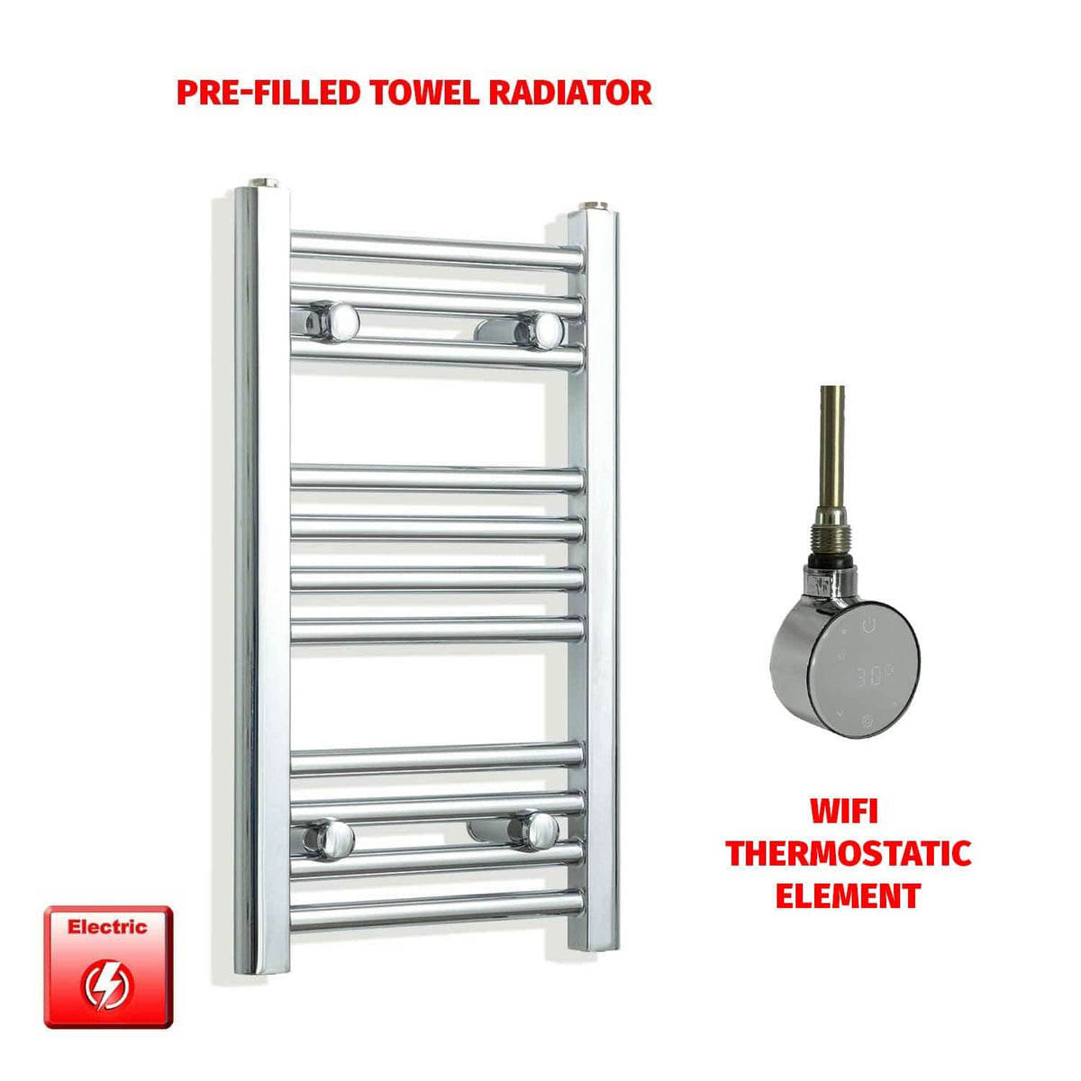 ER-Wifi Thermostatic / No Timer 600 x 300 Pre-Filled Electric Heated Towel Radiator Straight Chrome