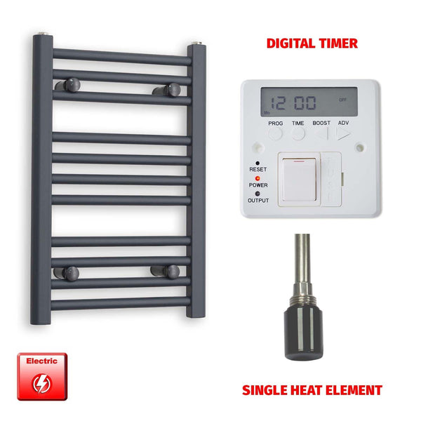 Single Heat / Digital Timer 600 x 400 Flat Anthracite Pre-Filled Electric Heated Towel Rail