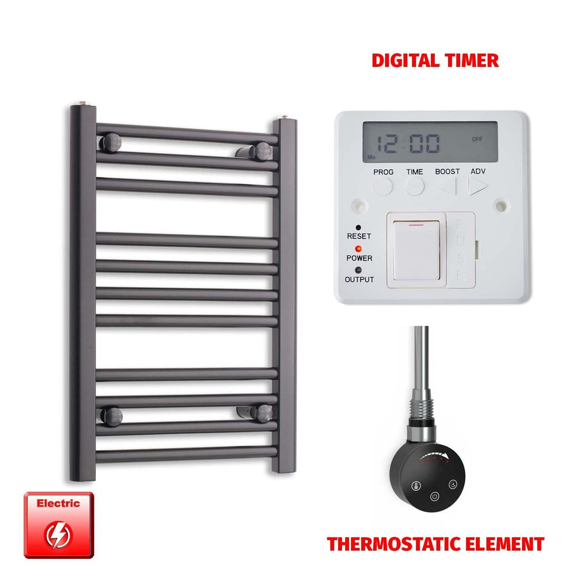 ER-Touch Thermostatic / Digital Timer 600 x 400 Flat Black Pre-Filled Electric Heated Towel Radiator HTR