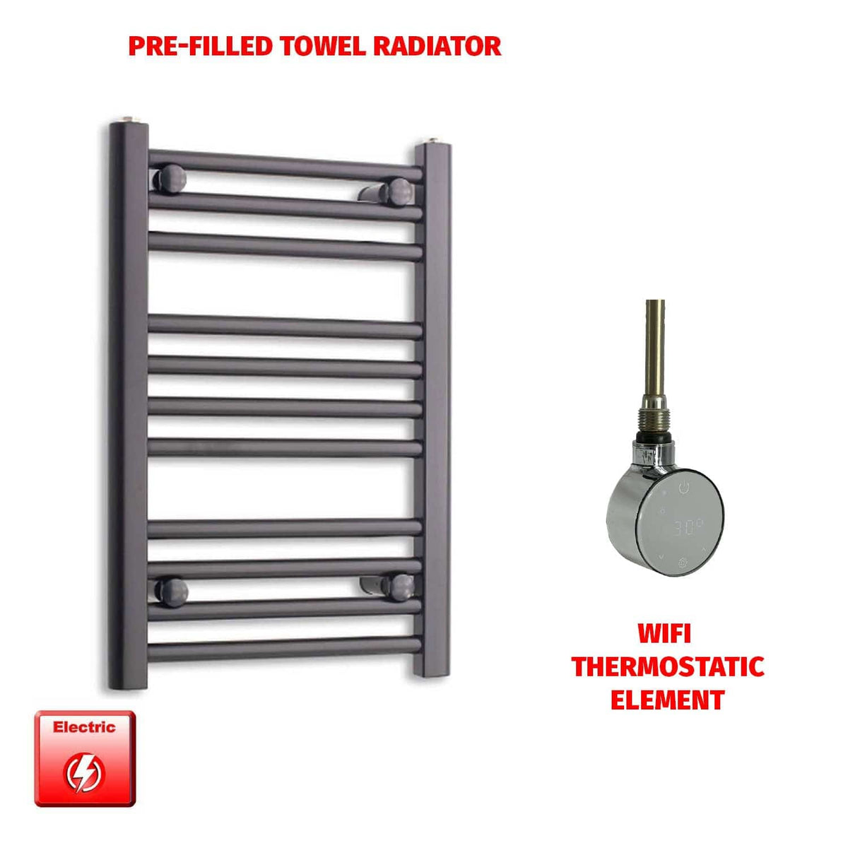 ER-Wifi Thermostatic / No Timer 600 x 450 Black Pre-Filled Electric Towel Rail Radiator