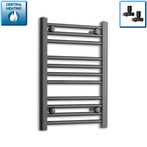 With Straight Inline Valves 600 x 450 Heated Towel Rail Radiator Flat Black