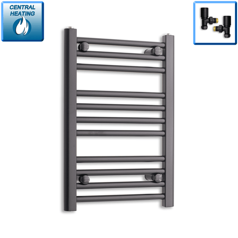 With Angled Valves 600 x 450 Heated Towel Rail Radiator Flat Black