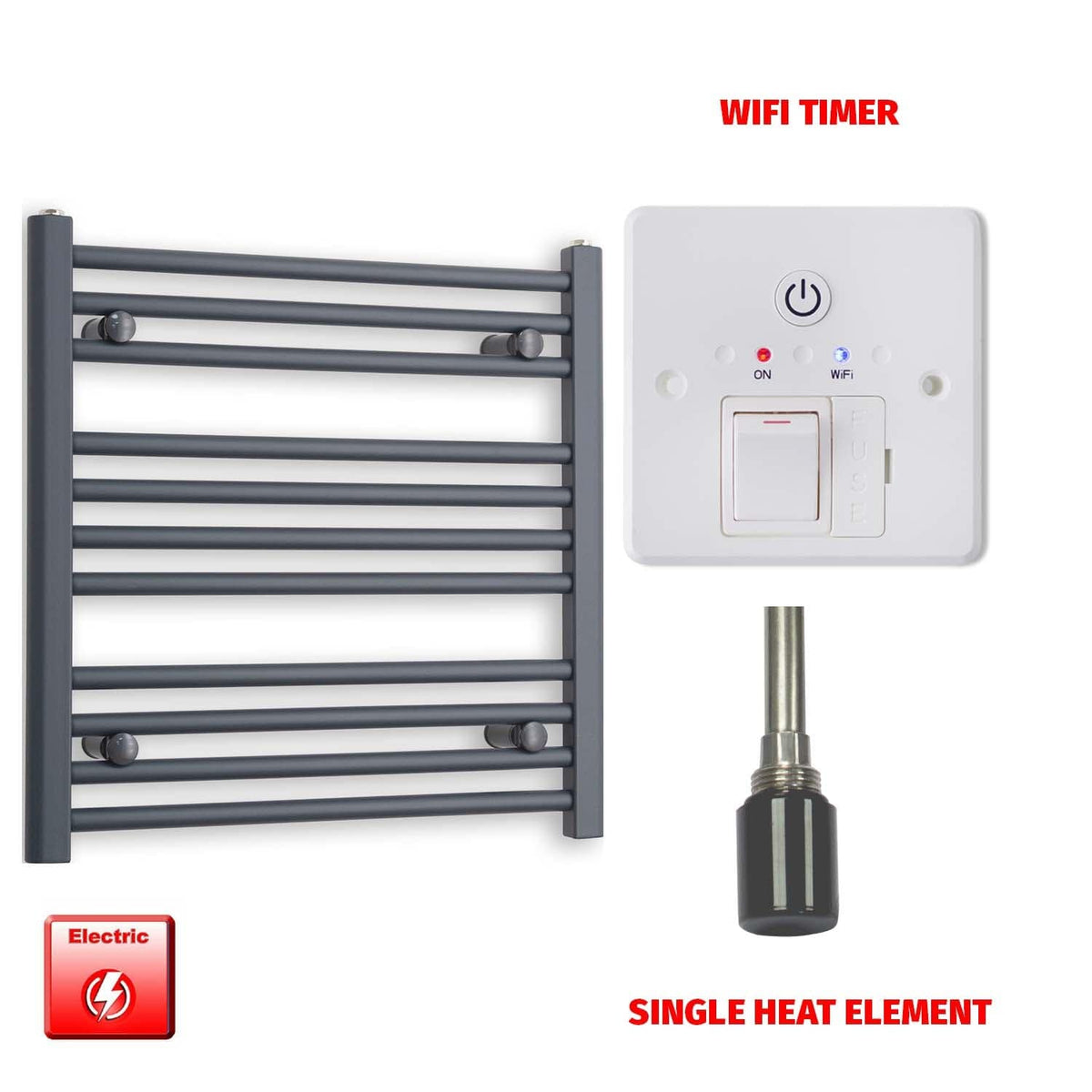 Single Heat / Wifi Timer 600 x 500 Flat Anthracite Pre-Filled Electric Heated Towel Rail HTR