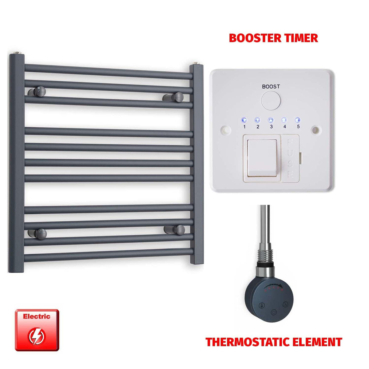 ER-Touch Thermostatic / Booster Timer 600 x 500 Flat Anthracite Pre-Filled Electric Heated Towel Rail HTR