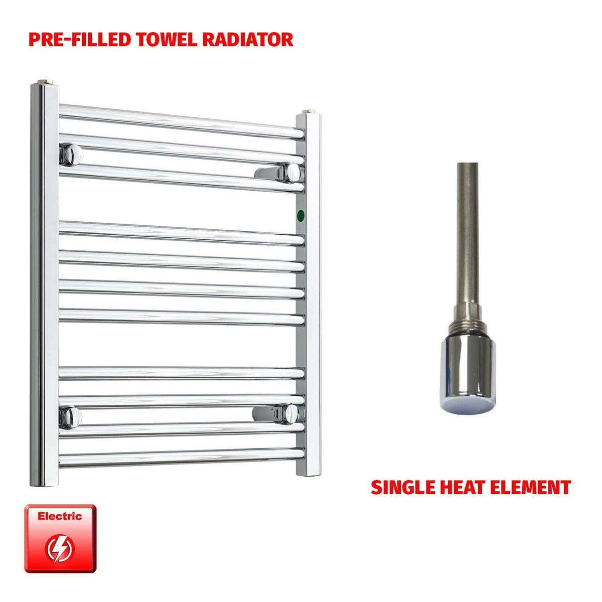 Flat / Single Heat / No Timer 600 x 500 Pre-Filled Electric Towel Rail Flat / Curved Chrome