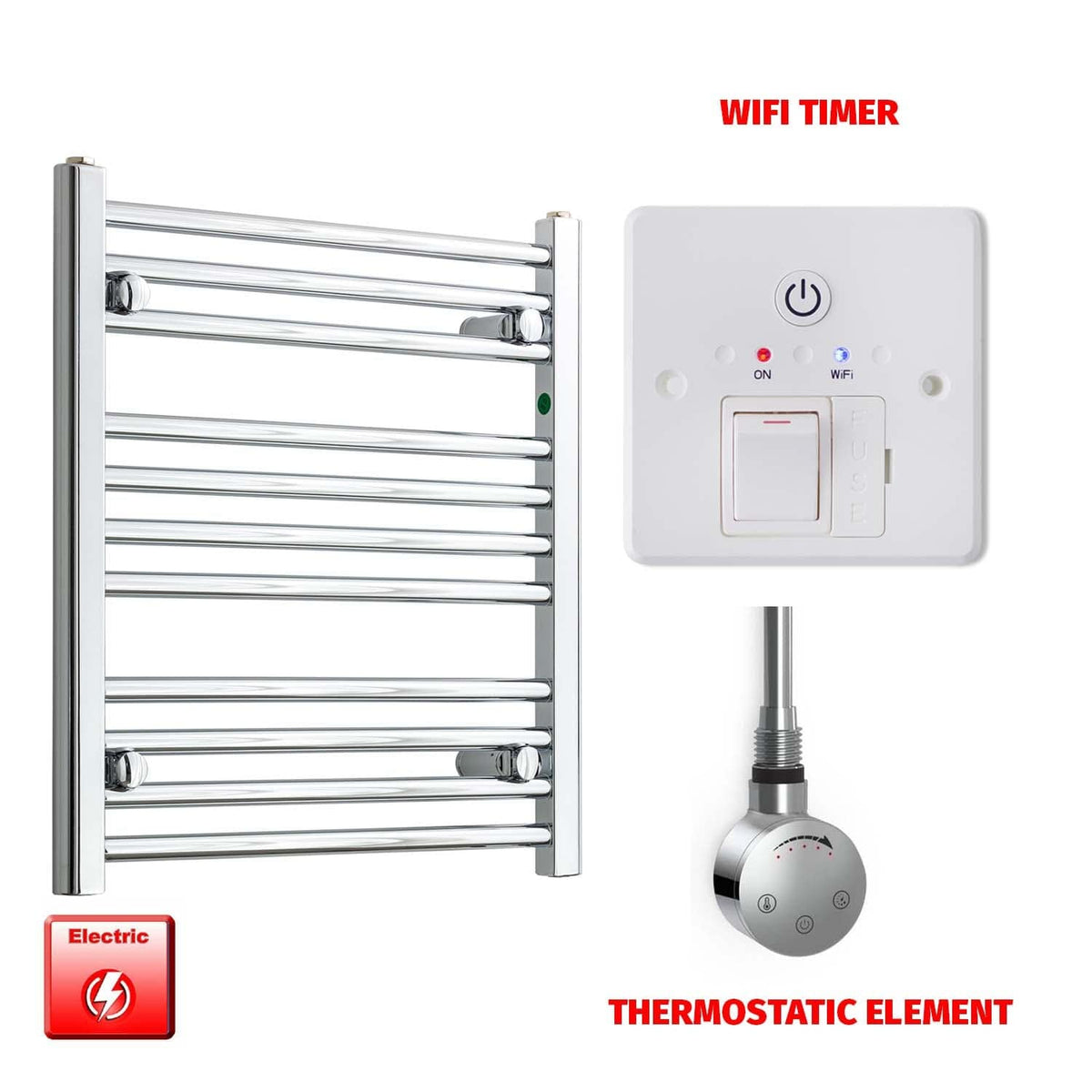 Flat / ER-Touch Thermostatic / Wifi Timer 600 x 500 Pre-Filled Electric Towel Rail Flat / Curved Chrome