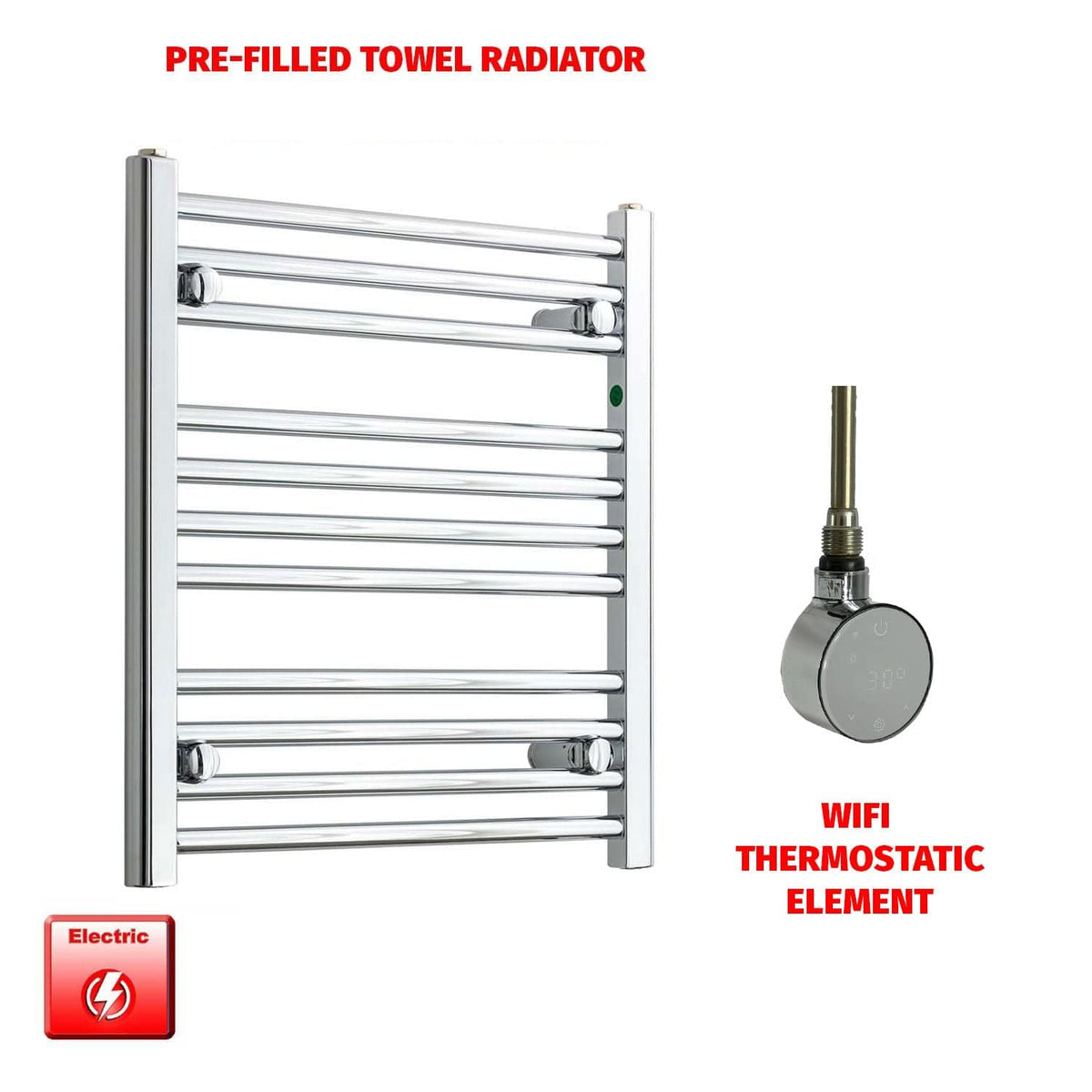 Flat / ER-Wifi Thermostatic / No Timer 600 x 500 Pre-Filled Electric Towel Rail Flat / Curved Chrome