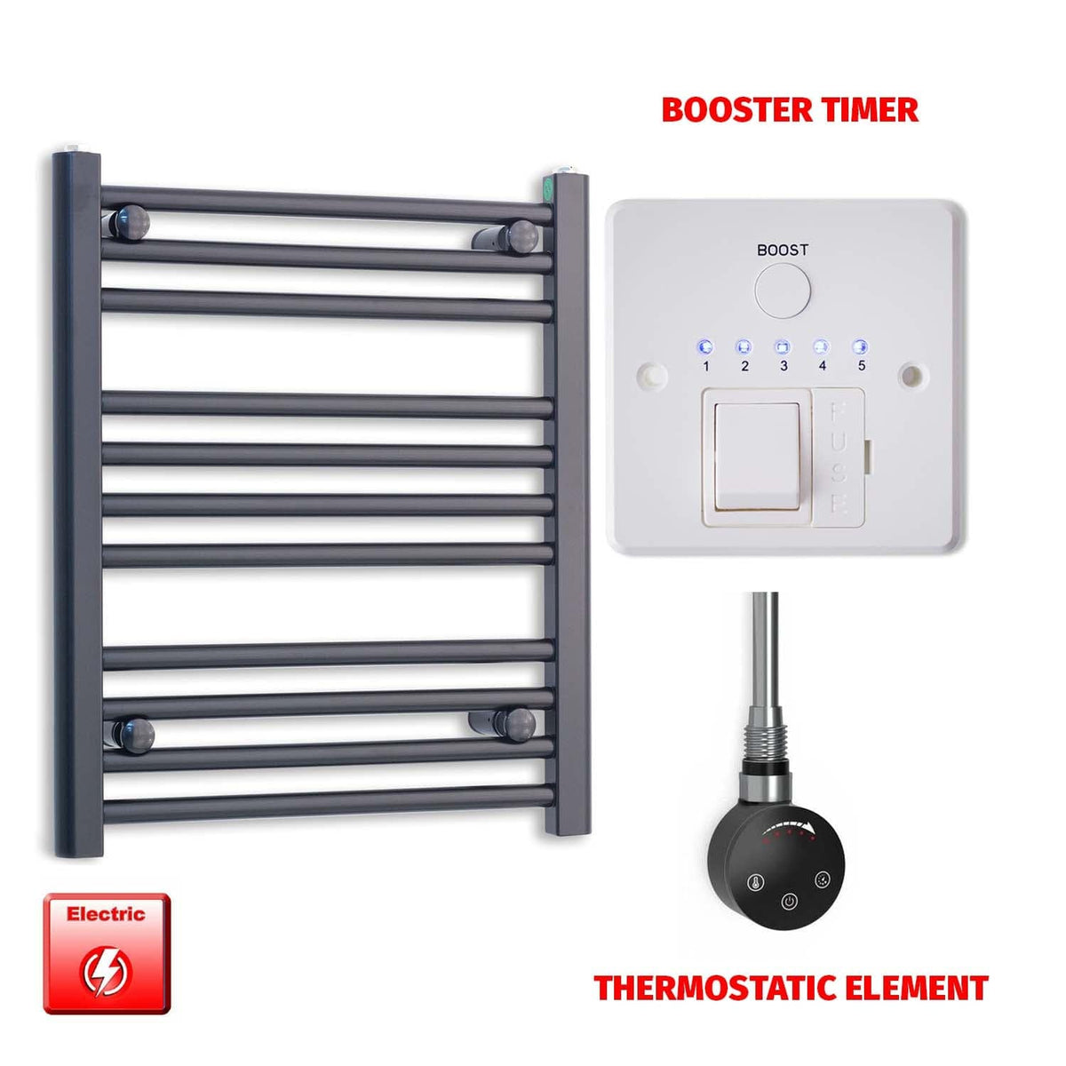 ER-Touch Thermostatic / Booster Timer 600 x 550 Flat Black Pre-Filled Electric Heated Towel Radiator HTR