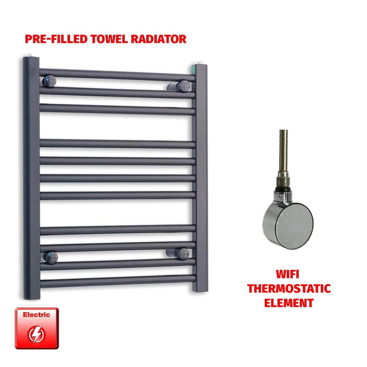 ER-Wifi Thermostatic / No Timer 600 x 550 Flat Black Pre-Filled Electric Heated Towel Radiator HTR