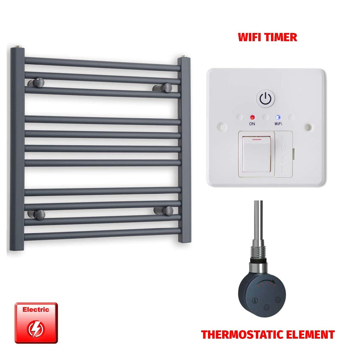 ER-Touch Thermostatic / Wifi Timer 600 x 600 Flat Anthracite Pre-Filled Electric Heated Towel Rail Radiator