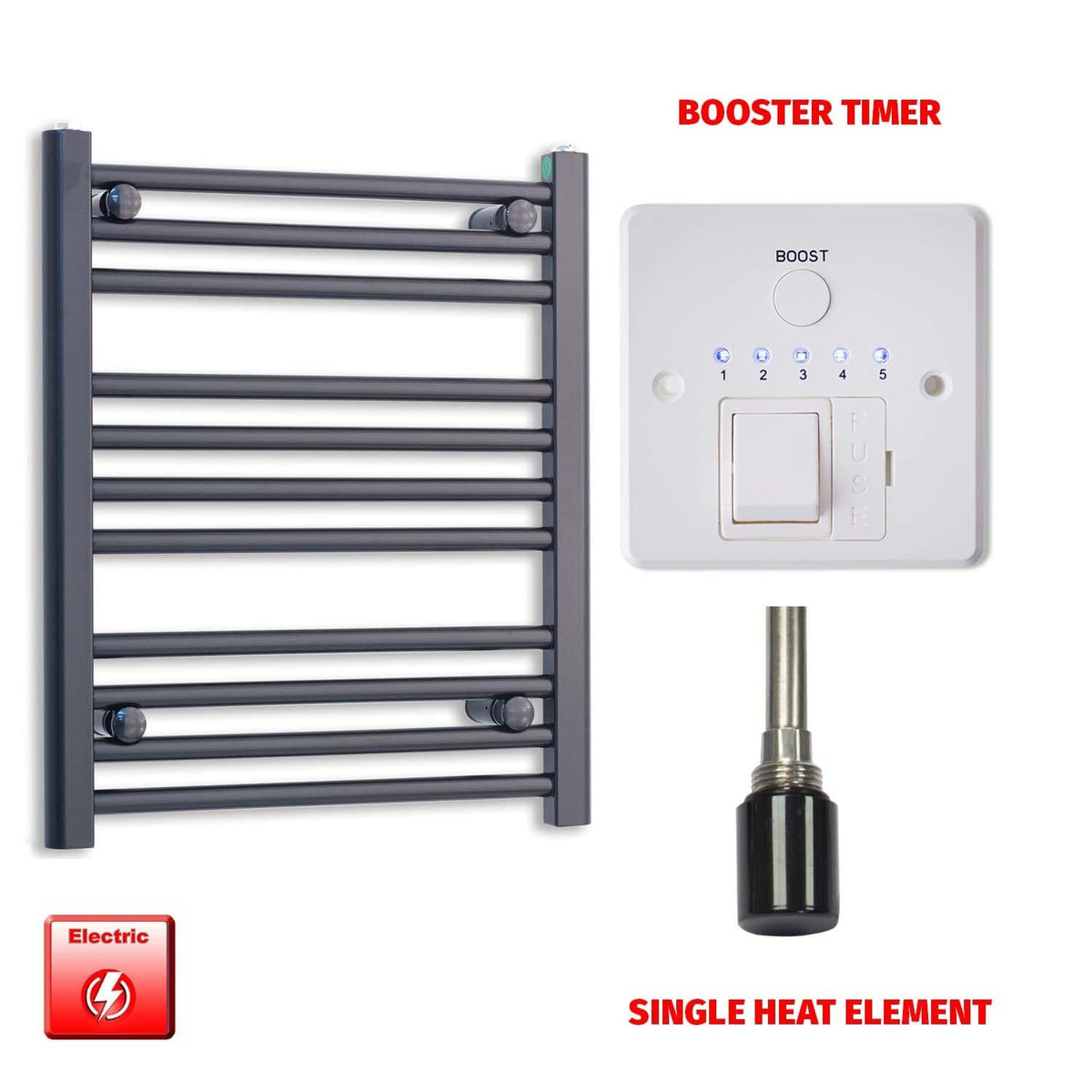 Single Heat / Booster Timer 600 x 600 Flat Black Pre-Filled Electric Heated Towel Rail Radiator