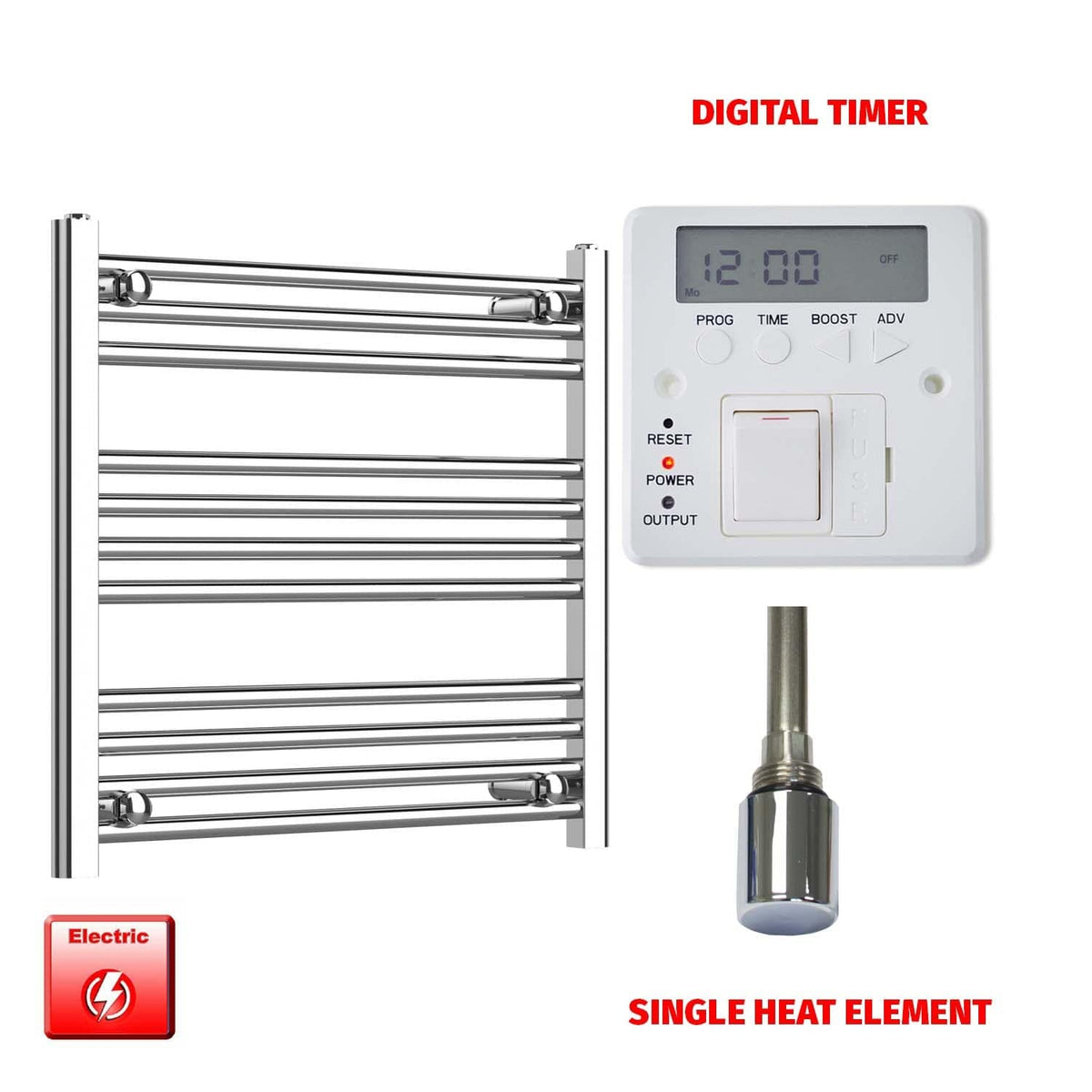 Flat / Single Heat / Digital Timer 600 x 600 Pre-Filled Electric Heated Towel Radiator Chrome