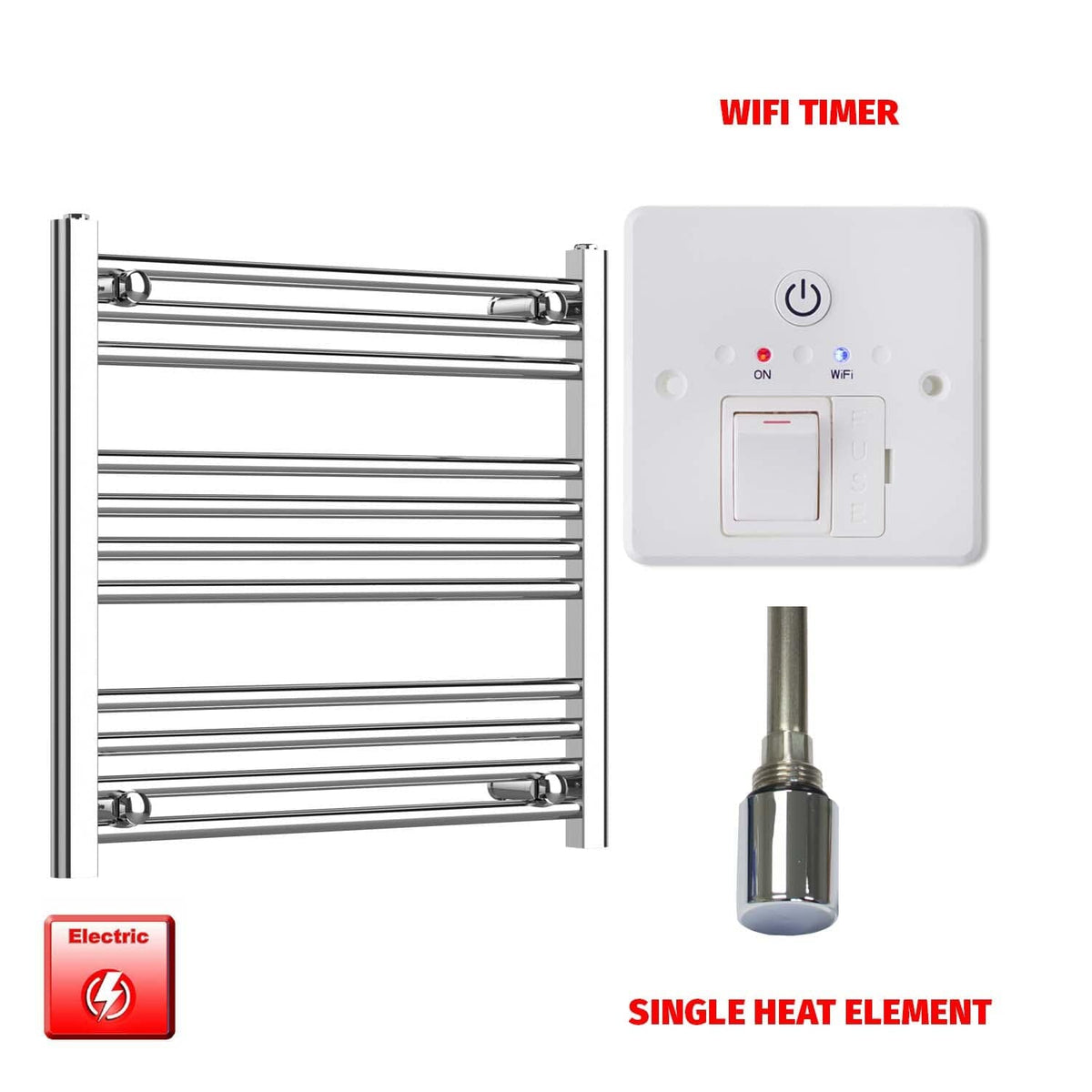 Single Heat / Wifi Timer 600 x 650 Pre-Filled Electric Heated Towel Radiator Straight Chrome