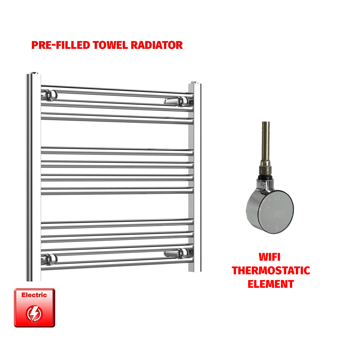 ER-Wifi Thermostatic / No Timer 600 x 650 Pre-Filled Electric Heated Towel Radiator Straight Chrome