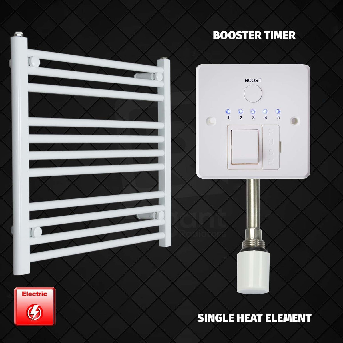 Single Heat / Booster Timer 600 x 700 Pre-Filled Electric Heated Towel Rail Radiator White HTR