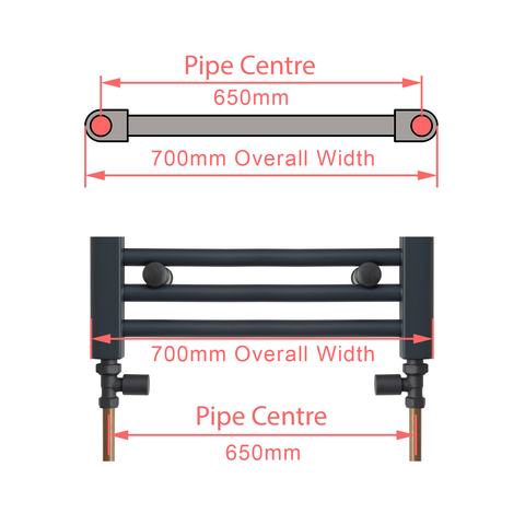700mm Wide Towel Rail Pipe Centre / Axis 650mm diagram