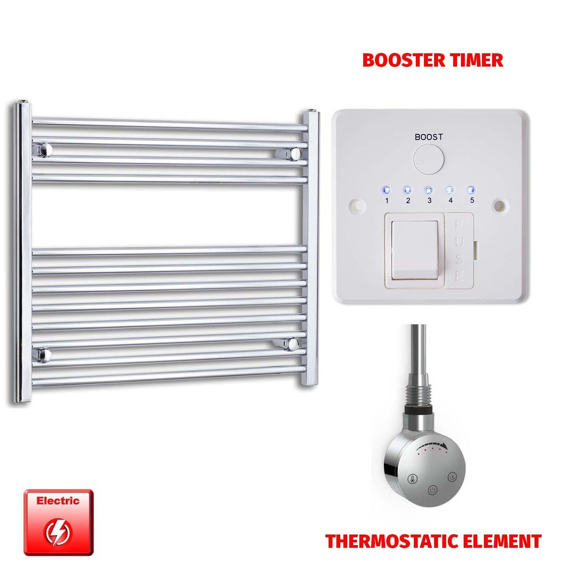 ER-Touch Thermostatic / Booster Timer 700 x 800 Pre-Filled Electric Heated Towel Radiator Straight Chrome