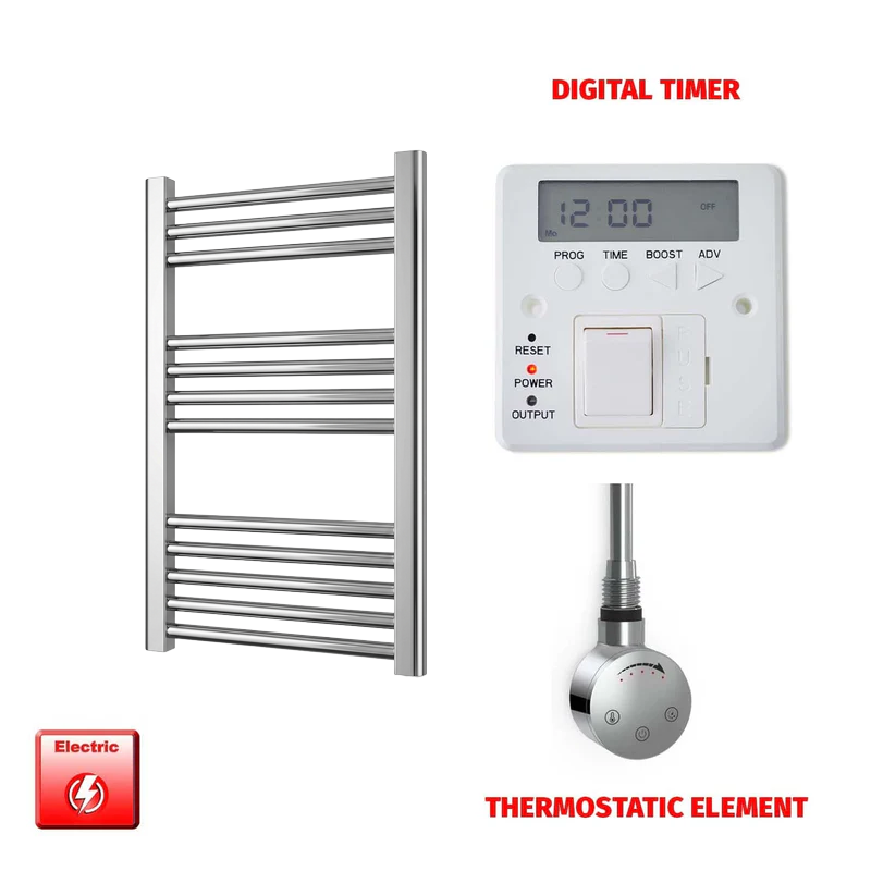 700 x 400mm Chrome Prefilled Electric Heated Towel Rail - Flat Ladder Radiator