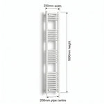 Dimension diagram: Flat White 250mm x 1600mm ladder towel rail with pipe centre measurement