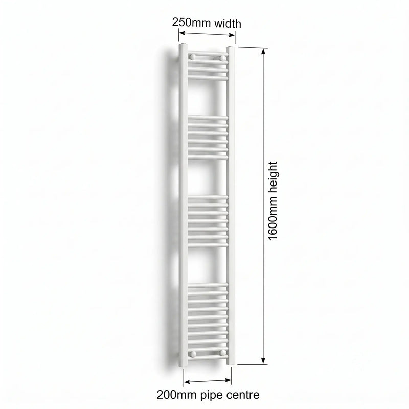 Dimension diagram: Flat White 250mm x 1600mm ladder towel rail with pipe centre measurement