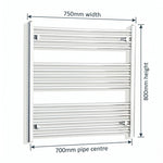 800 mm High x 750 mm Wide Heated Curved Towel Rail Chrome - Elegant Radiators