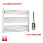 Pre-filled towel radiator with single heat element on a white background
