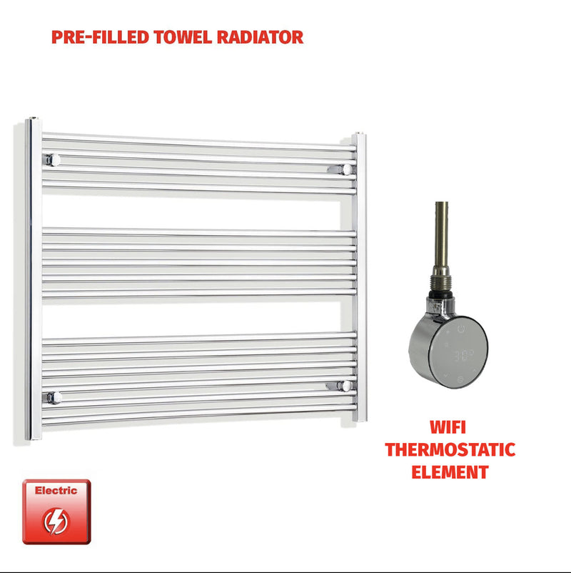 Pre-filled towel radiator with WiFi thermostatic element on a white background
