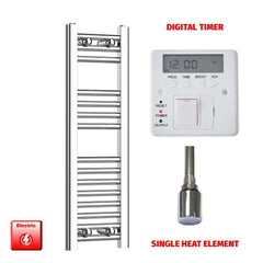 Single Heat / Digital Timer 800 x 200 Pre-Filled Electric Heated Towel Radiator Straight Chrome