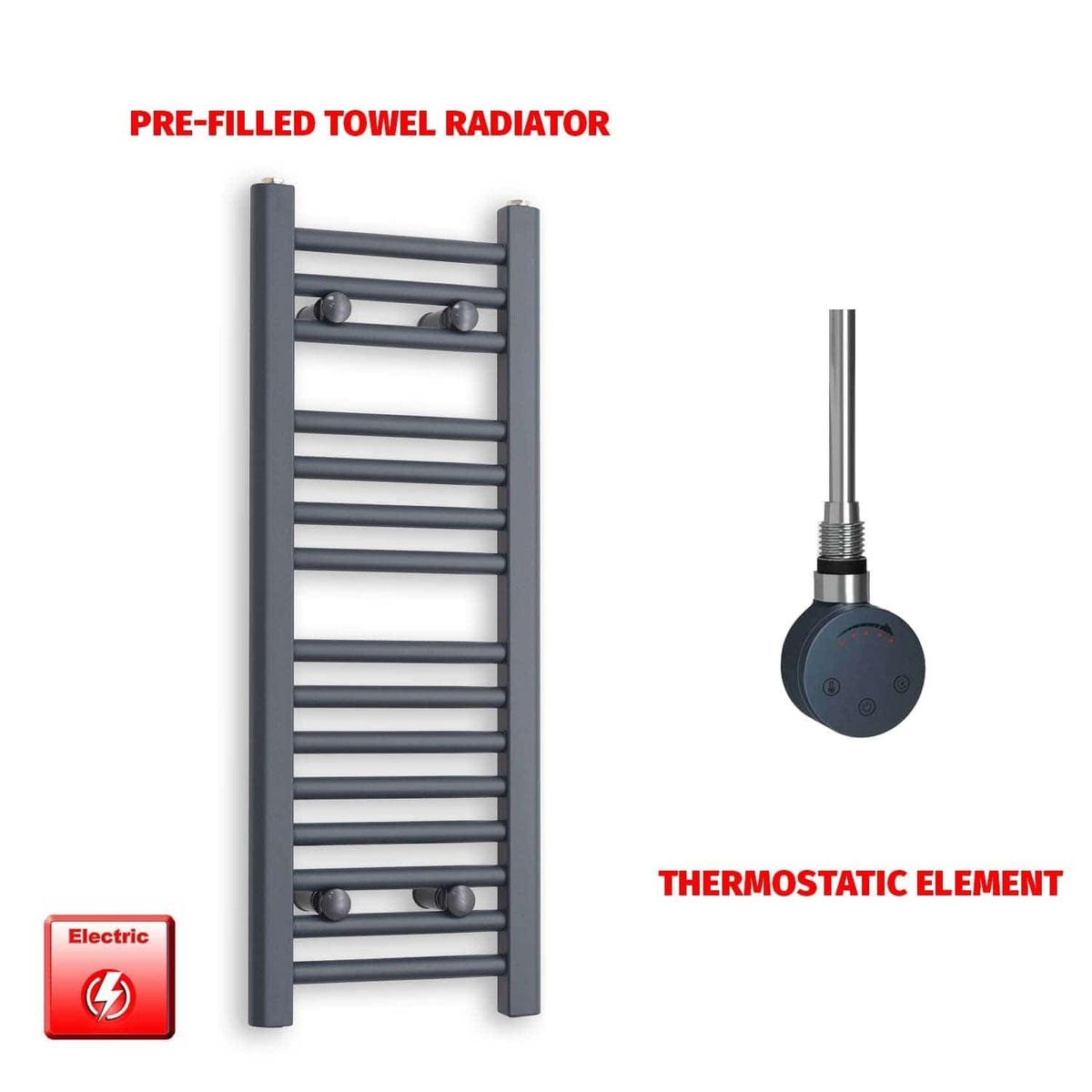 ER-Touch Thermostatic / No Timer 800 x 300 Flat Anthracite Pre-Filled Electric Heated Towel Rail