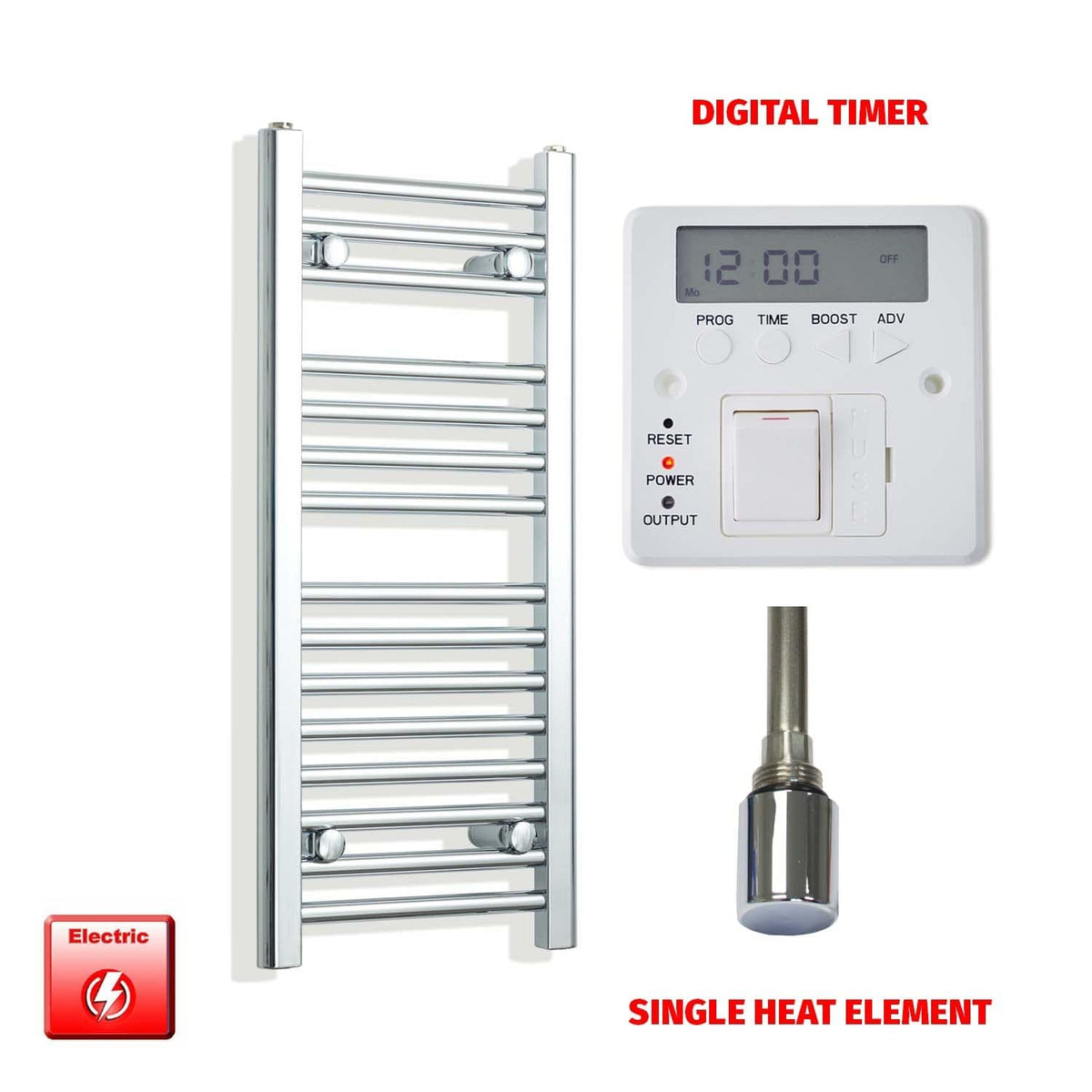 Single Heat / Digital Timer 800 x 300 Pre-Filled Electric Towel Rail Straight Chrome