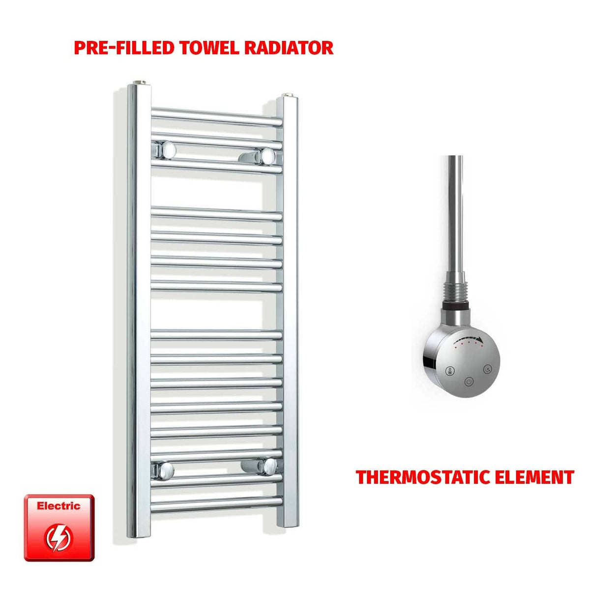 ER-Touch Thermostatic / No Timer 800 x 300 Pre-Filled Electric Towel Rail Straight Chrome