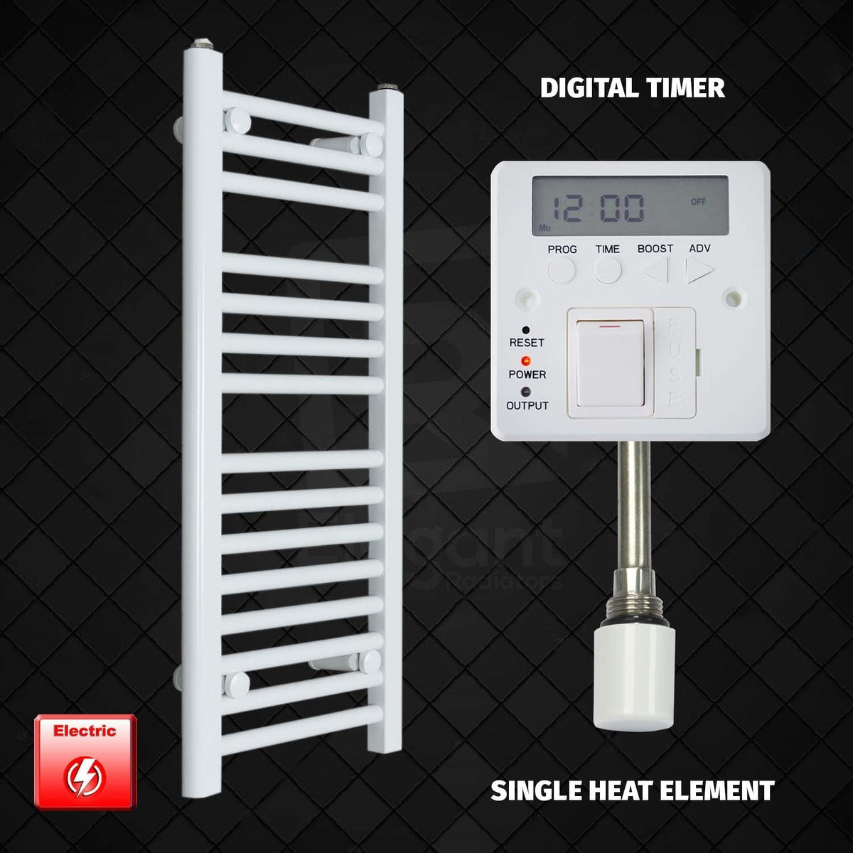 Single Heat / Digital Timer 800 x 350 Pre-Filled Electric Heated Towel Radiator White HTR