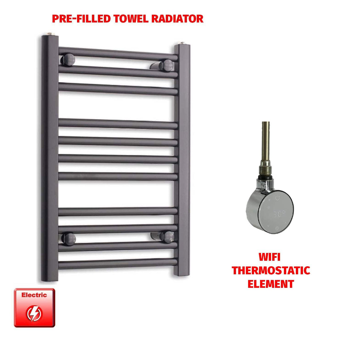 ER-Wifi Thermostatic / No Timer 800 x 450 Flat Black Pre-Filled Electric Heated Towel Radiator HTR