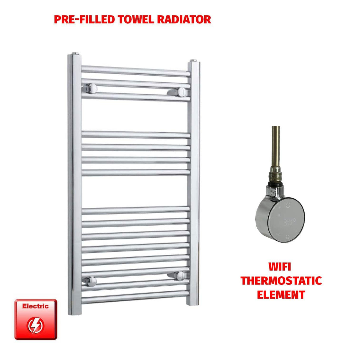 ER-Wifi Thermostatic / No Timer 800 x 450 Pre-Filled Electric Heated Towel Radiator Straight Chrome